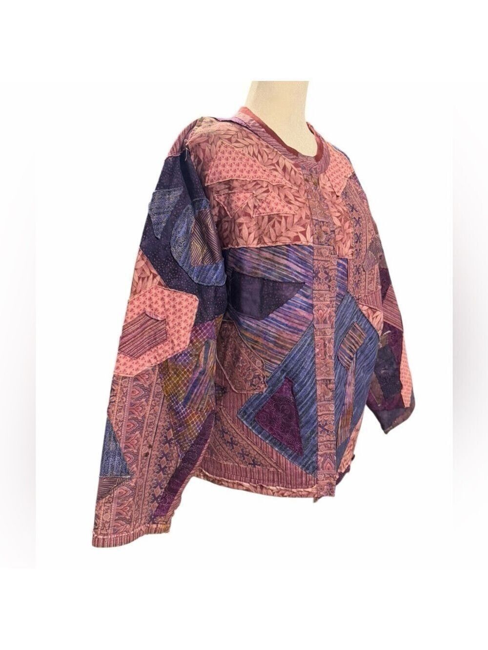 Upcycled Patchwork Quilt Abstract Patches Purples Reworked Open Front Jacket